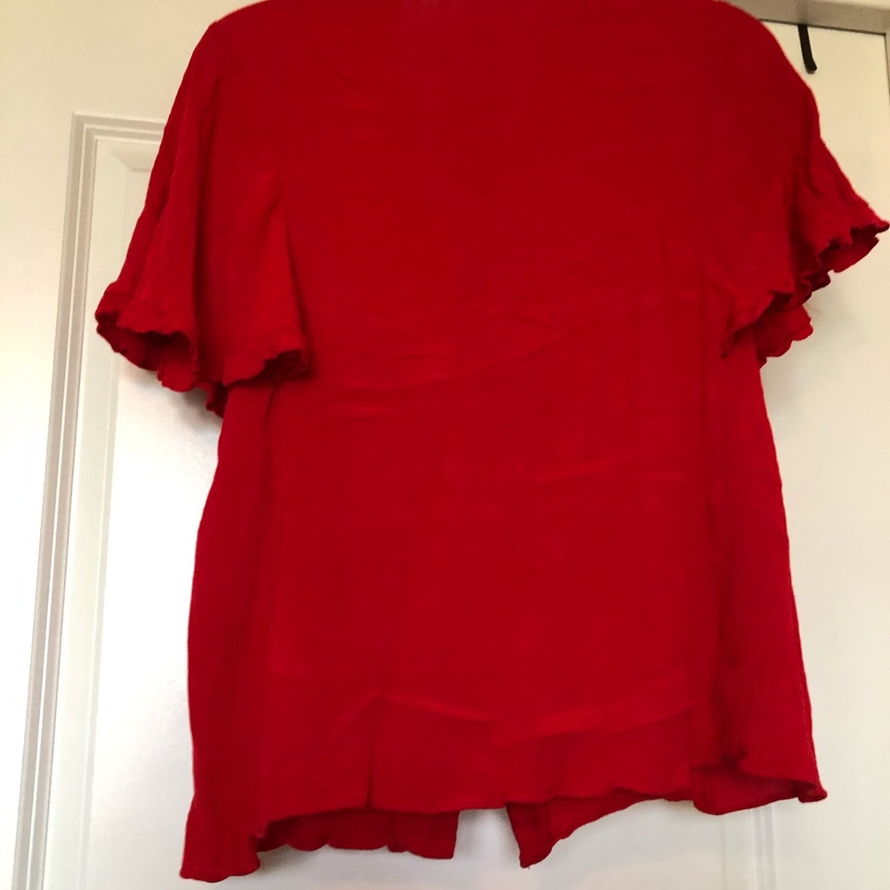 Red, Ruffle Shortsleeved Button Up Shirt - Picture 4 of 5